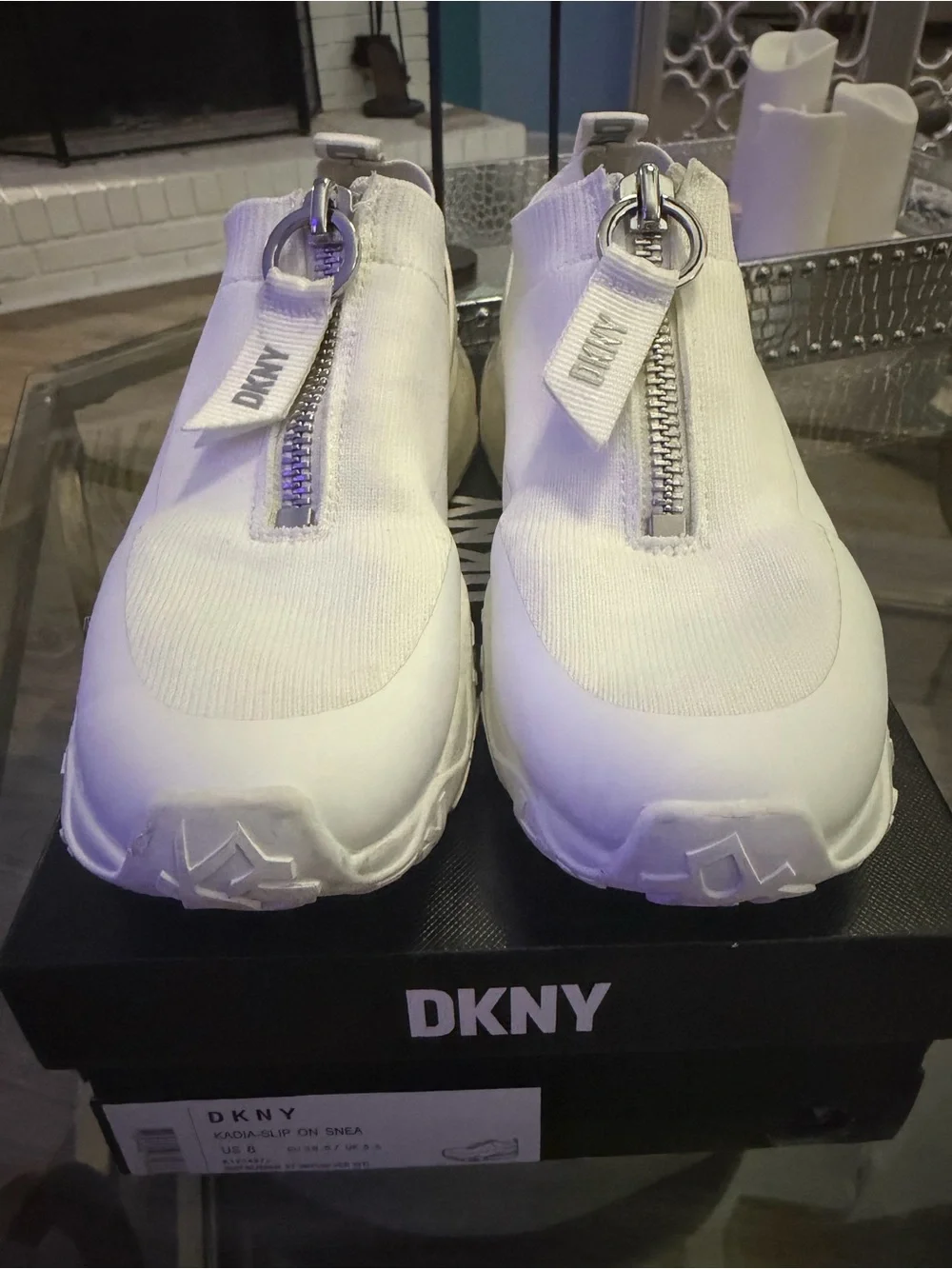 DKNY White Front-Zip Knit Slip-On Sneakers